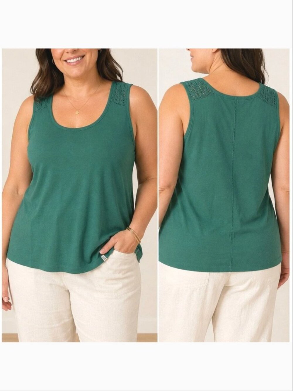 Fat Face Ribbed Crochet Shoulder Scoop Neck Green Tank Top Size 20